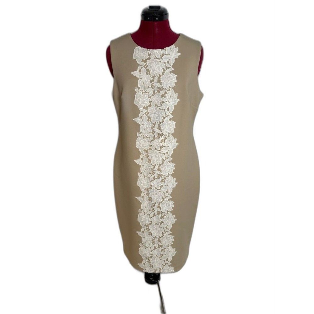 Calvin Klein Sheath Midi Dress Women's Size 12 White Lace Applique Sleeveless